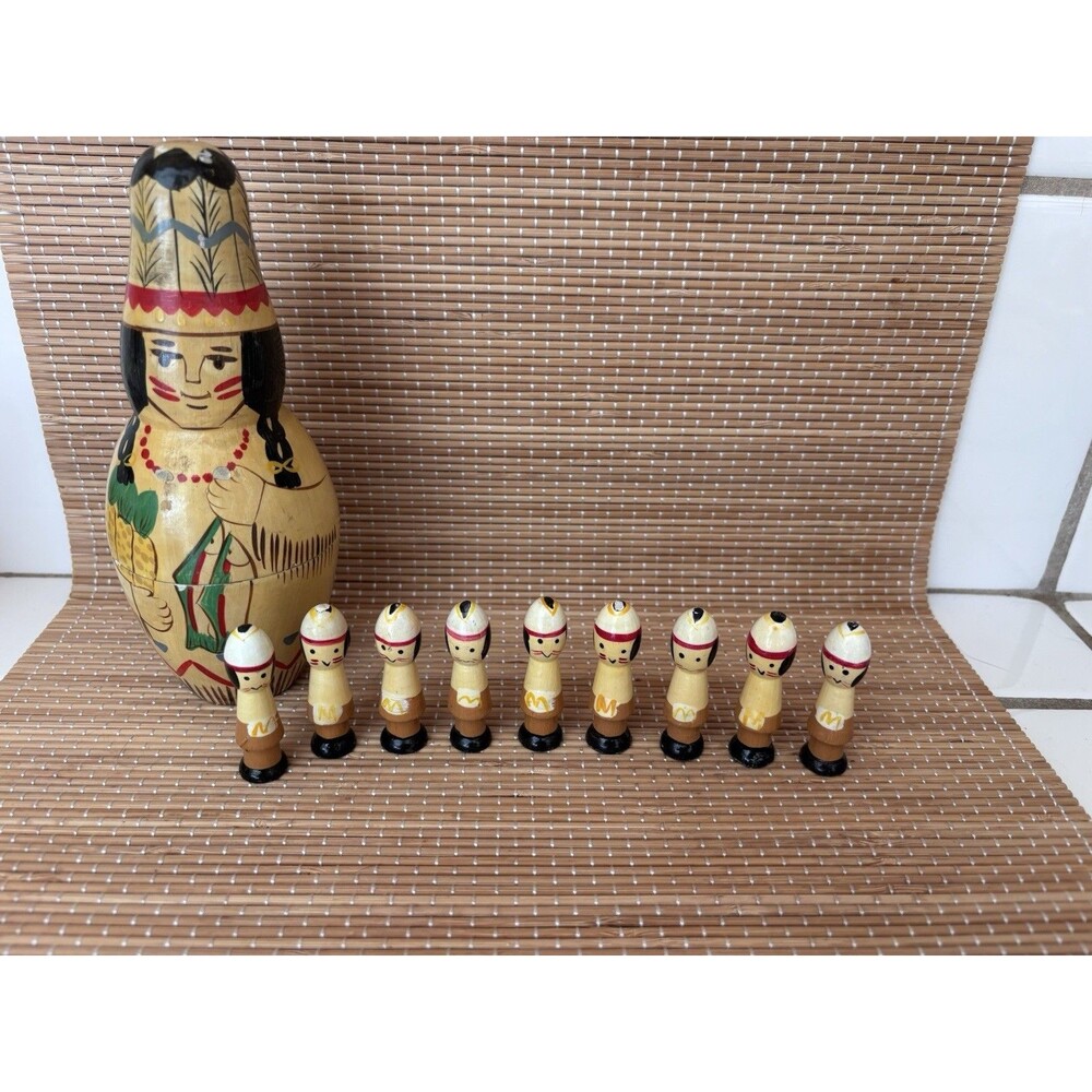 Hand Painted Wooden Native American Figurine Set, 10 Pack, 8in Tall